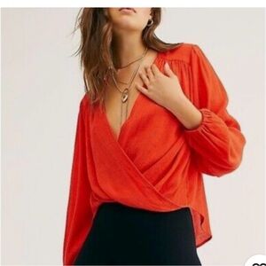 Free People Vibrant Red Wrap Blouse